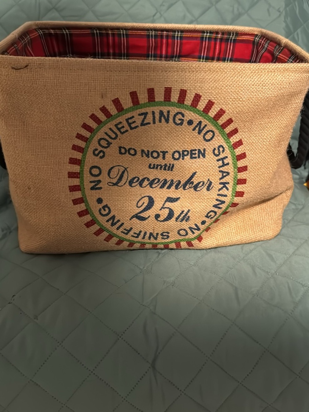 Holiday Burlap Tote Bag with Plaid Lining - "December 25" Print